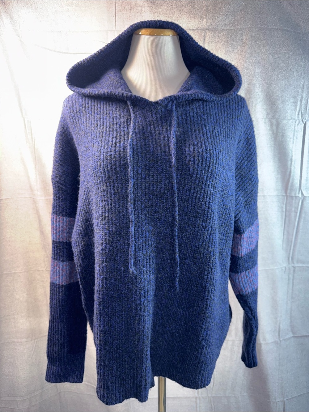1469-John + Jenn Navy Knit Hooded Pullover with Lilac Stripe Sleeves
